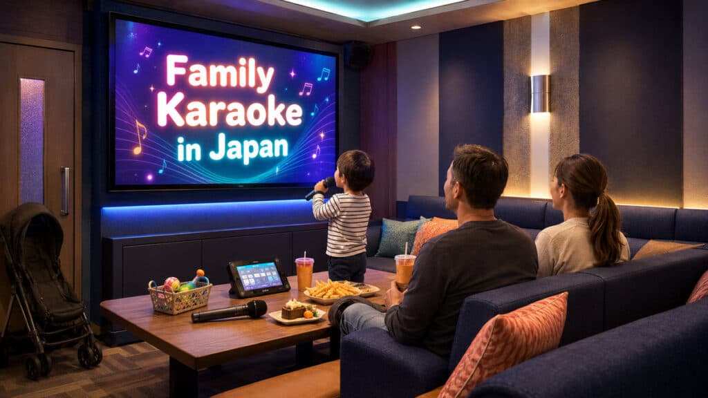 Family relaxing on a sofa in a private Japanese karaoke room while a child sings into a microphone.