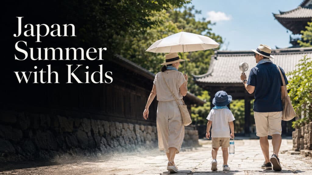 Family with a child using hats, a parasol, a handheld fan, and water during a hot summer visit to a Japanese temple.
