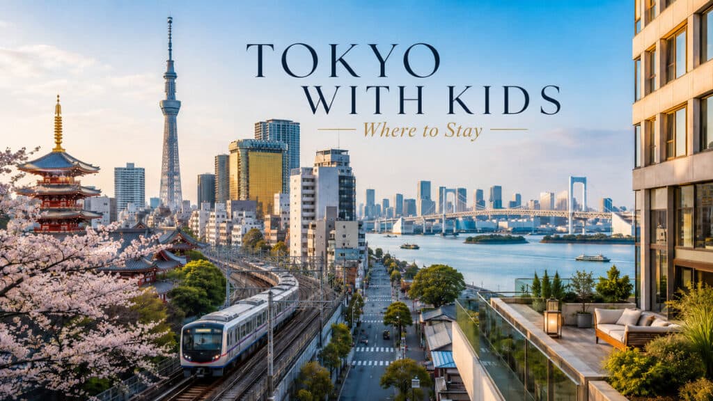 Tokyo skyline with temples, Tokyo Skytree, trains and waterfront for a family accommodation guide.